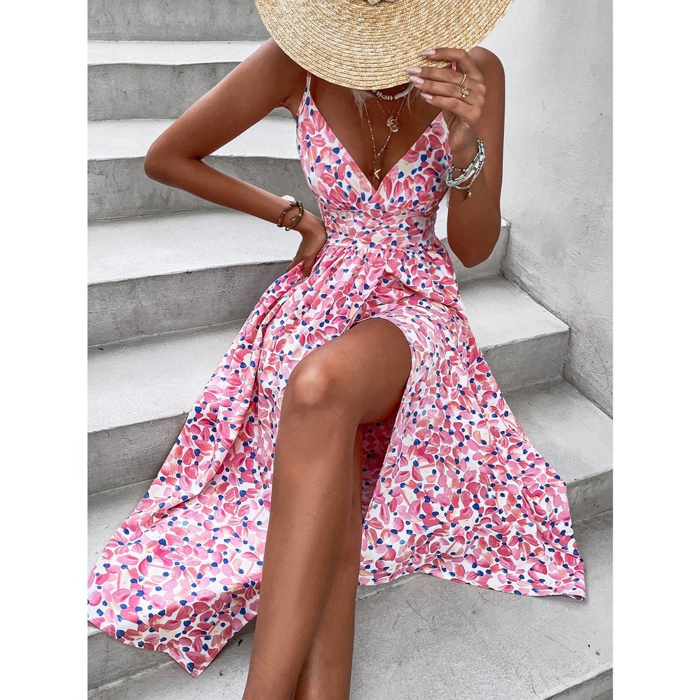 Boho Floral Print Split Thigh Shirred Cami Strap Midi Dress pink - Picture 2 of 6